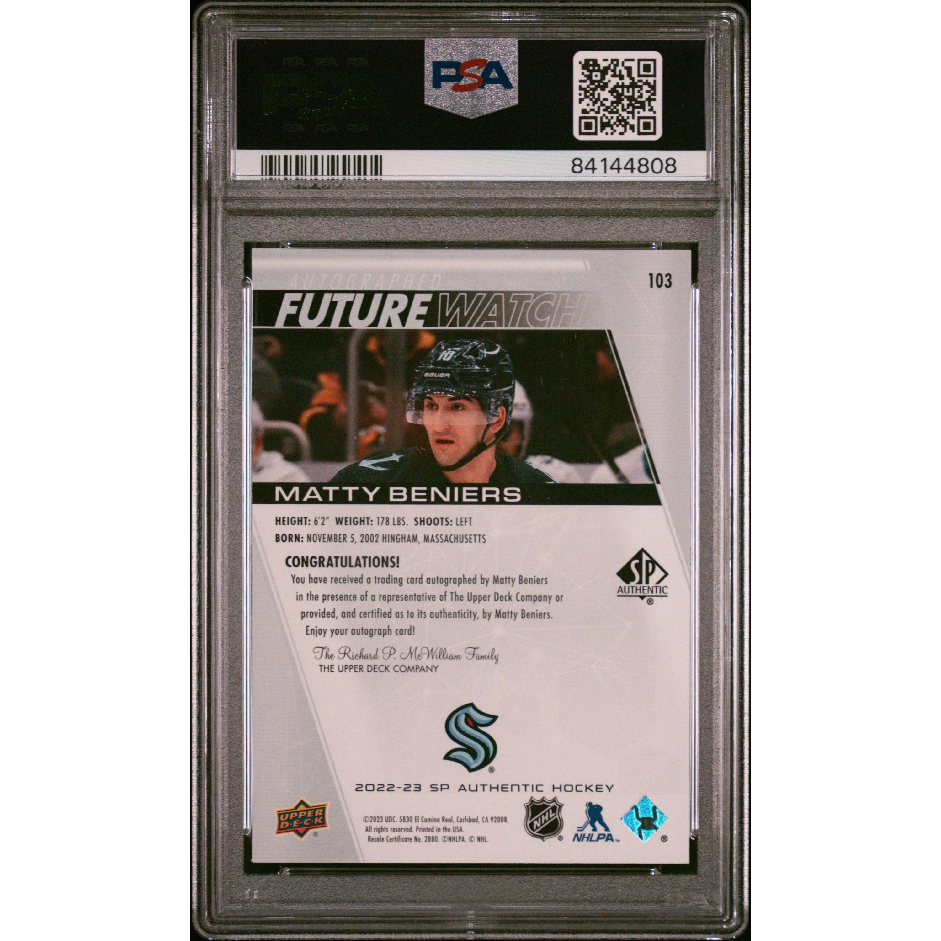 2022 SP Authentic Matty Beniers #103 Autograph PSA 10 Kraken! - Image 2